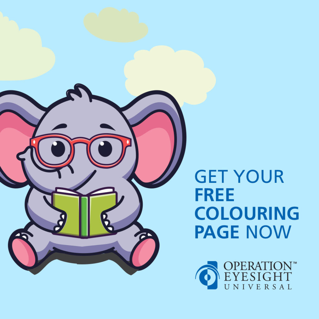 Image of a cartoon elephant wearing eyeglasses and holding an open book. The text reads "Get Your Free Coloring Page Now"
