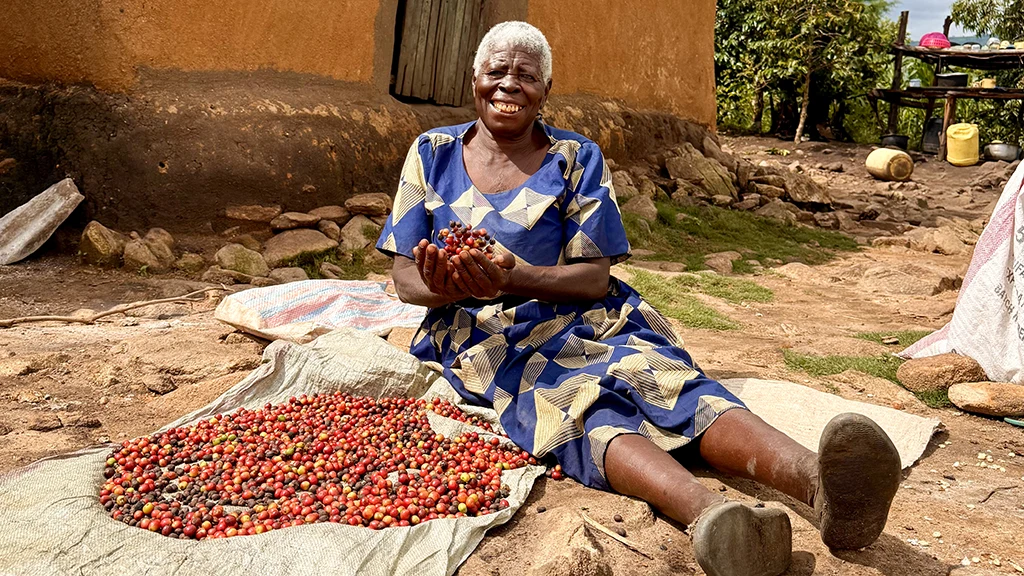 A woman sits next to a pile of raw coffee beans, smiling. She's holding up some of the beans in two hands.