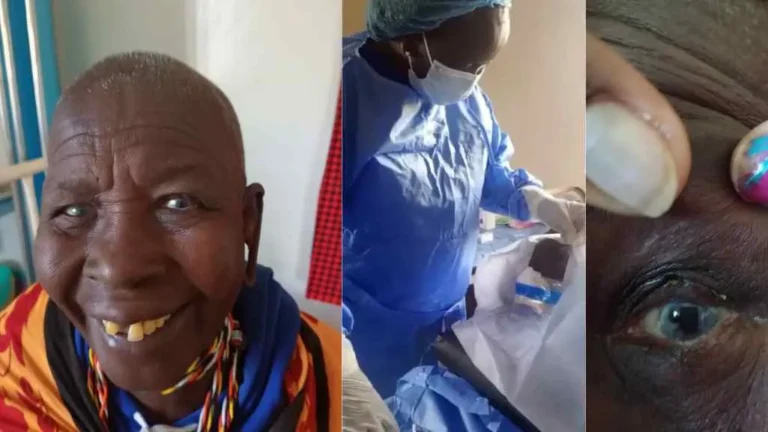 Images showing Napolo’s journey through trachoma trichiasis surgery. The first shows her smiling after surgery, the second shows a healthcare worker preparing her for the procedure and the third shows a close-up of her healing eyelids.